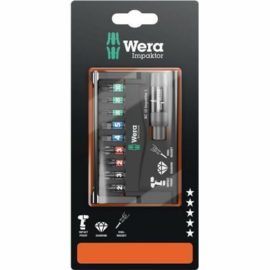 Set of PH, PZ, Torx percussion bits, hex with magnetic holder 1 / 4-75 05073980001 Wera